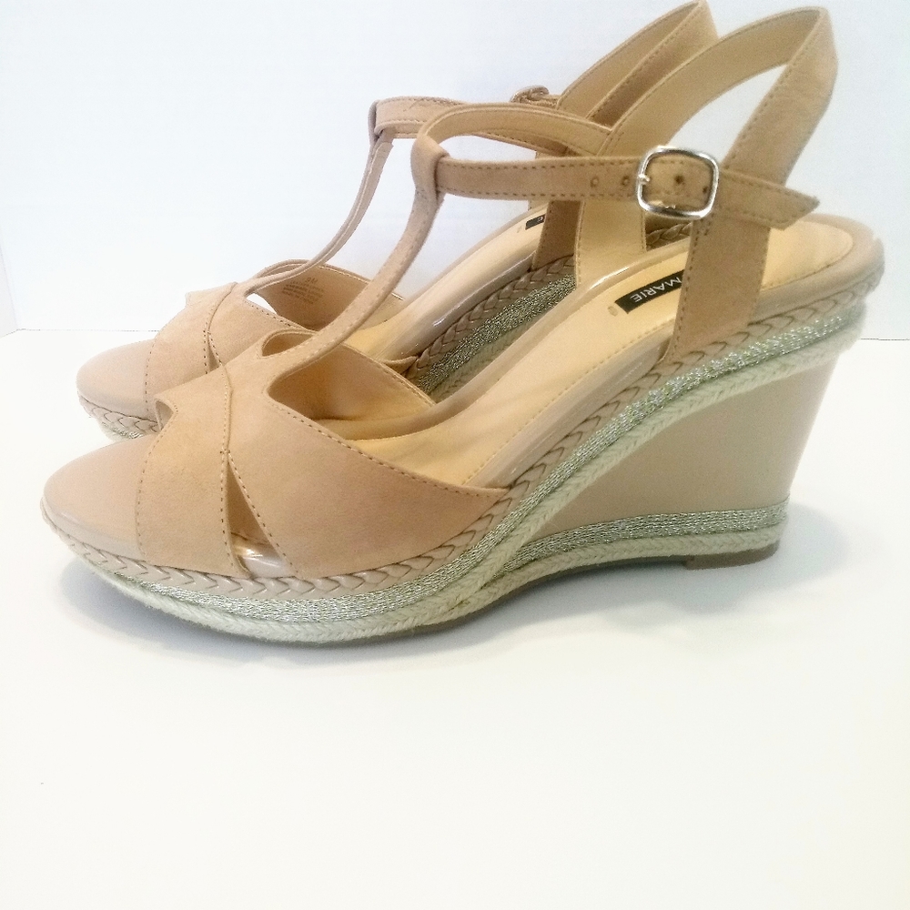 Alex Marie beige and tan wedge heel sandals sz 9